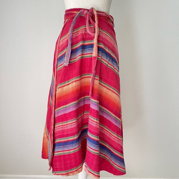 VINTAGE SARAPE COTTON WRAP SKIRT RAINBOW MULTICOLOR STRIPED MIDI - Picture 8 of 13